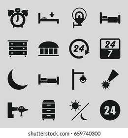 Night icons set. set of 16 night filled icons such as bed, jetway, observatory, nightstand, medical bed, crescent, street lamp, sun and moon, 24 hours, 24 7 hour, falling star