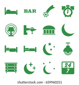 Night icons set. set of 16 night filled icons such as bed, jetway, observatory, nightstand, bar, moon and stars, crescent, street lamp, table lamp, 24 7 hour, falling star