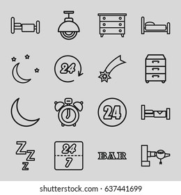 Night icons set. set of 16 night outline icons such as bed, jetway, nightstand, bar, crescent, moon and stars, street lamp, 24 hours, 24 7 hour, clock alarm, falling star