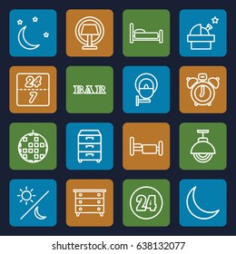 Night icons set. set of 16 night outline icons such as nightstand, bar, bed, crescent, moon and stars, street lamp, table lamp, sun and moon, 24 hours, 24 7 hour, clock alarm