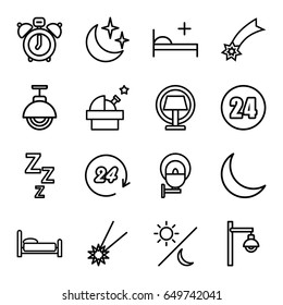Night icons set. set of 16 night outline icons such as medical bed, crescent, moon and stars, street lamp, table lamp, sun and moon, 24 hours, falling star, clock alarm