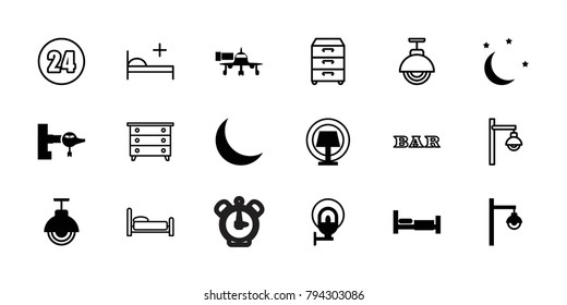 Night icons. set of 18 editable filled and outline night icons: bed, jetway, crescent, moon and stars, street lamp, table lamp, nightstand, bar, medical bed, 24 hours