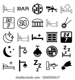 Night icons. set of 25 editable filled and outline night icons such as disco ball, zzz, moon and stars, medical bed, street lamp, 24 7 hour, jetway, observatory, falling star