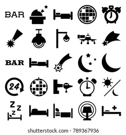 Night icons. set of 25 editable filled night icons such as bed, jetway, bar, falling star, clock alarm, disco ball, observatory, moon and stars, medical bed, crescent