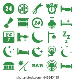 Night icons set. set of 25 night filled icons such as bed, jetway, observatory, nightstand, bar, moon and stars, medical bed, crescent, street lamp, table lamp, sun and moon