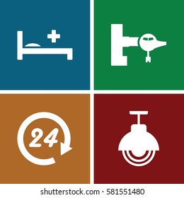 night icons set. Set of 4 night filled icons such as jetway, medical bed, street lamp