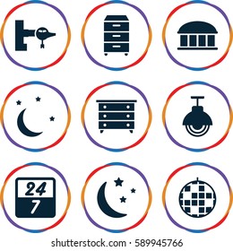 night icons set. Set of 9 night filled icons such as jetway, observatory, nightstand, moon and stars, street lamp, 24 7 hour