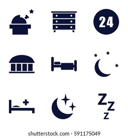 night icons set. Set of 9 night filled icons such as observatory, nightstand, bed, medical bed, moon and stars, 24 hours