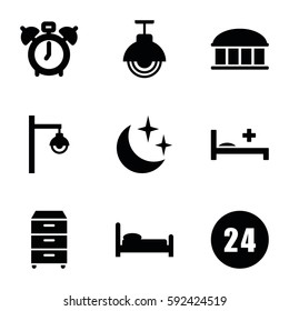 night icons set. Set of 9 night filled icons such as observatory, medical bed, nightstand, moon and stars, street lamp, 24 hours, clock alarm