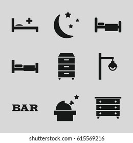 Night icons set. set of 9 night filled icons such as bed, nightstand, Bar, moon and stars, medical bed, street lamp