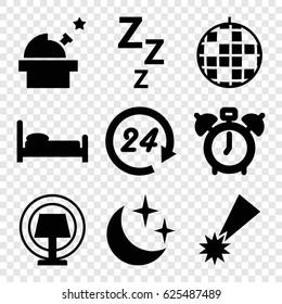 Night icons set. set of 9 night filled icons such as moon and stars, table lamp, 24 hours, observatory, disco ball, falling star, clock alarm, bed
