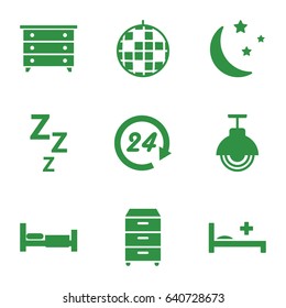 Night icons set. set of 9 night filled icons such as bed, nightstand, moon and stars, medical bed, street lamp, 24 hours, disco ball