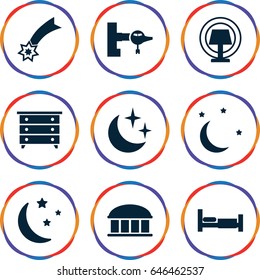 Night icons set. set of 9 night filled icons such as bed, jetway, observatory, nightstand, moon and stars, table lamp