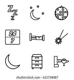 Night icons set. set of 9 night outline icons such as bed, jetway, nightstand, crescent, moon and stars, 24 7 hour, falling star, zzz