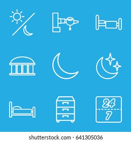 Night icons set. set of 9 night outline icons such as jetway, observatory, bed, nightstand, crescent, moon and stars, sun and moon