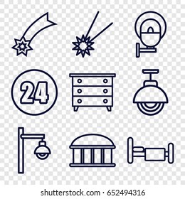 Night icons set. set of 9 night outline icons such as observatory, nightstand, bed, street lamp, 24 hours