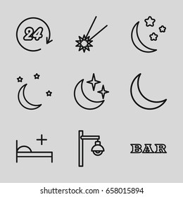 Night icons set. set of 9 night outline icons such as bar, moon and stars, medical bed, crescent, street lamp, 24 hours