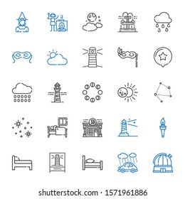 night icons set. Collection of night with observatory, rain, bed, lighthouse, torch, pub, sleep, stars, constellation, eclipse, moon phases. Editable and scalable night icons.