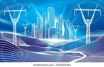 Night illumination city. Neon glow mountains landscape. High voltage transmission systems. Business town center. Power lines. White outlines on blue background. Vector design art