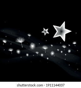 night illustration with black background, with dandelions