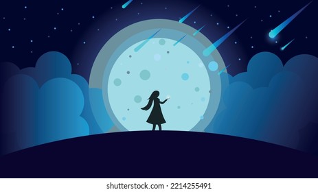 Night illustration and falling stars, night sky and comets, girl holding a star in her hand, big moon and clouds, blue color 