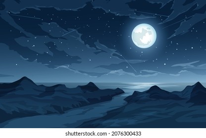 Night illustration with full moon, stars, shooting stars, cloud, sea and river