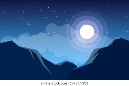 Night illustration with hills and moonlight