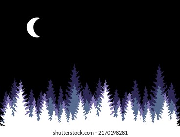 Night illustration with moon and trees (firs). Sunlight, night.