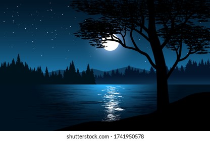 Night Illustration With Moonlight View And Trees At River