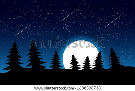 Night illustration with pine trees and moonrise