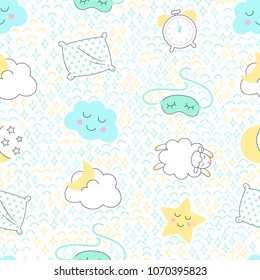 Night illustration. Sleep time sketch  seamless vector pattern.