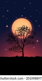 Night illustration with tree, moon and stars