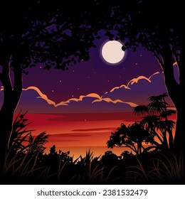 Night illustration with trees and full moon