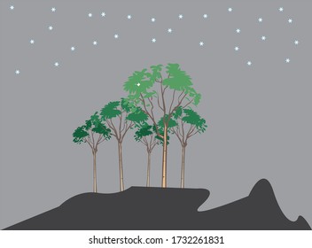 Night imaginary alone tree with hills