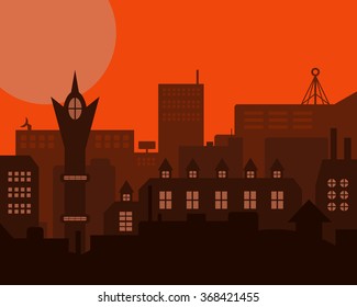 Night industrial European orange styled vintage landscape. Vector illustration 