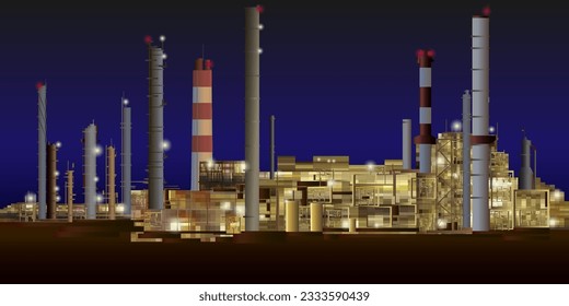 Night industrial plant. Night factory. Night at the processing plant. Industrial complex. Vector illustration