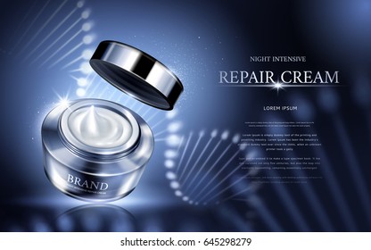 night intensive repair cream contained in silver cosmetic jar with helical structure, 3d illustration 