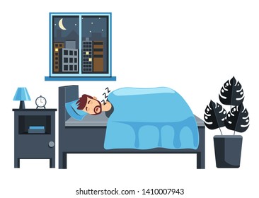 Night interior concept. Architecture flat style, white background. A young man sleeps vector illustration