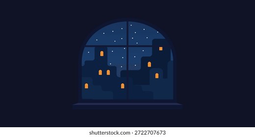 Ilustración de ventana interior de noche. Silueta de marco de ventana ancha a través de la escena. Reflejos suaves de la luz de la ciudad en el vidrio. Interior oscuro en primer plano. Acogedor sentimiento nocturno.