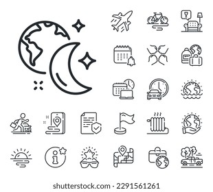 Night internet sign. Plane jet, travel map and baggage claim outline icons. Sleep line icon. Planet with moon symbol. Sleep line sign. Car rental, taxi transport icon. Place location. Vector