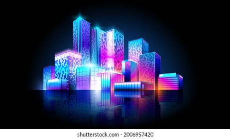 Night isometric city isolated on dark background.