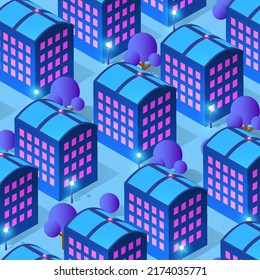 Nachtisometrische intelligente, blaue ultraviolette Stadt am Abend mit Lichtern. Die Stadt der Zukunft ist futuristisch mit Wolkenkratzern Laternen Straßen und Häuser. 3D-Abbildung.