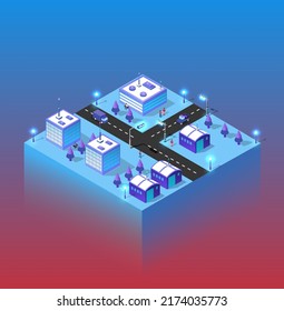 Ciudad ultravioleta azul isométrica nocturna con luces. La ciudad del futuro es futurista, con rascacielos, faroles calles y casas. Ilustración 3D.