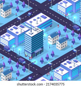 Night isometric smart blue ultraviolet city at night with lights. The town of the future is futuristic with skyscrapers lanterns streets and houses. 3D illustration.