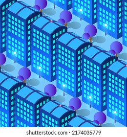 Ciudad ultravioleta azul isométrica nocturna con luces. La ciudad del futuro es futurista, con rascacielos, faroles calles y casas. Ilustración 3D.
