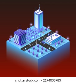 Ciudad ultravioleta azul isométrica nocturna con luces. La ciudad del futuro es futurista, con rascacielos, faroles calles y casas. Ilustración 3D.