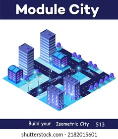 Night isometric smart blue ultraviolet block quarter city at night with lights. The town of the future is a futuristic 3D illustration.