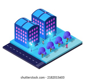 Night isometric smart blue ultraviolet block quarter city at night with lights. The town of the future is a futuristic 3D illustration.