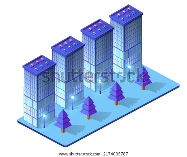 Night isometric smart blue
ultraviolet city at night with lights. The town of the future is
futuristic with skyscrapers lanterns streets and houses. 3D
illustration.