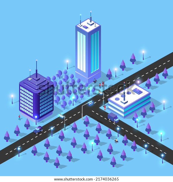 Night isometric smart blue\
ultraviolet city at night with lights. The town of the future is\
futuristic with skyscrapers lanterns streets and houses. 3D\
illustration.